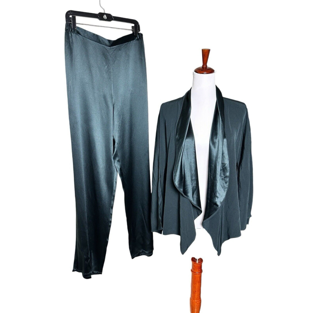 ZONDA NELLIS Duster & Pants SET Wide Leg Large 100% Silk Vintage Emerald Green